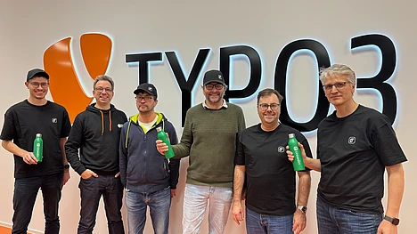 Members of the TYPO3 Localization Team standing in front of a big TYPO3 logo on a wall