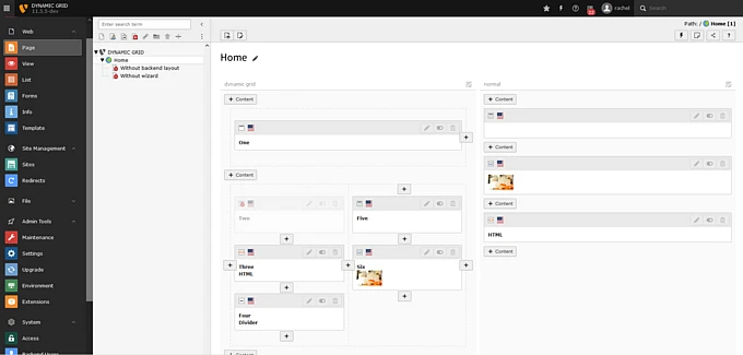 A content management system dashboard showing a content editing interface for a page titled Home with sections and content blocks, language flags, navigation menus, and editing options on the left sidebar.