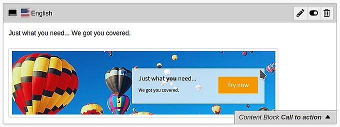 A sky filled with colorful hot air balloons and a banner reading Just what you need... We got you covered. with an orange Try now button.